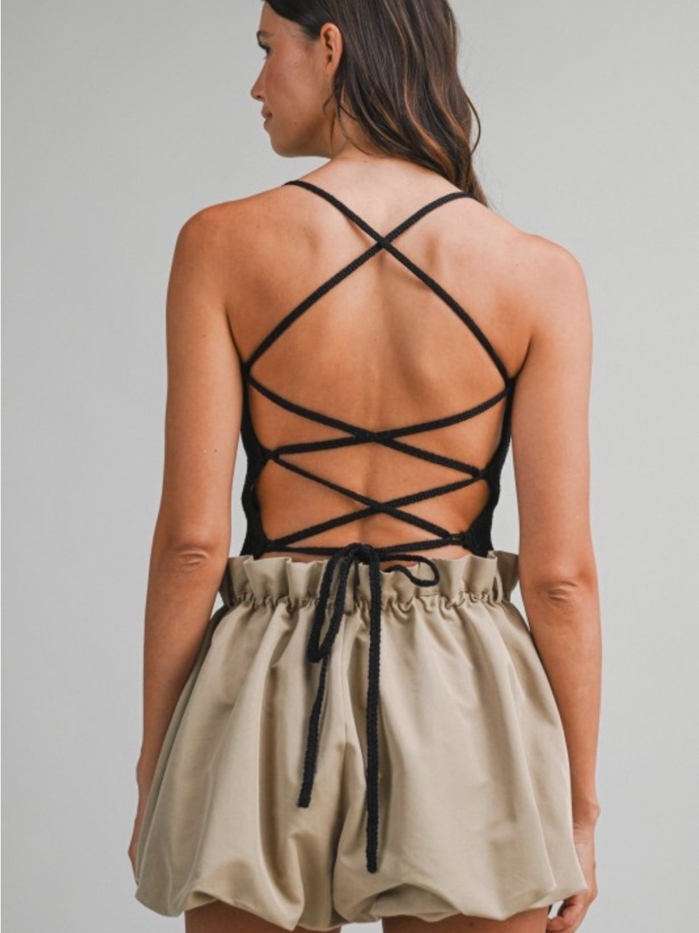 Black Ribbed Knit Lace-Up Open Back Crop Tank Top
